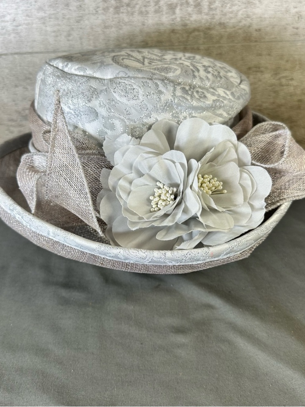Silver, Gray, and Beige Floral Tea or Wedding Hat